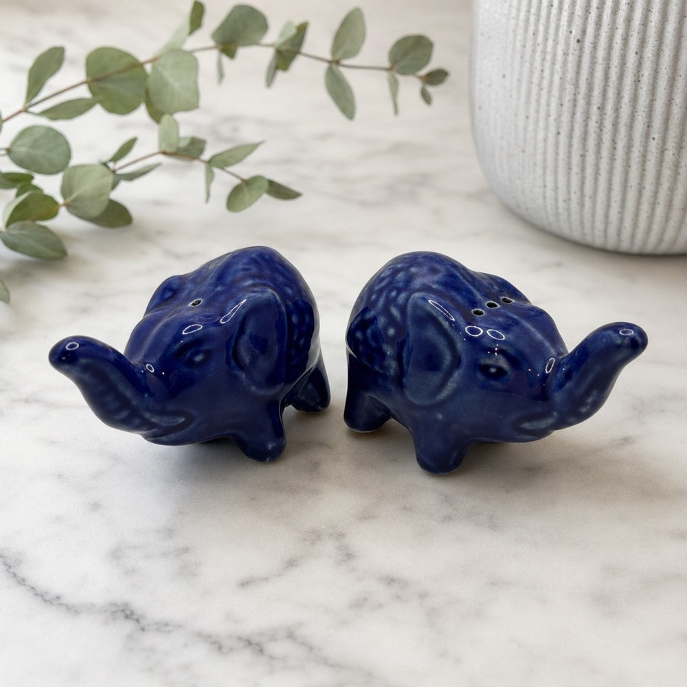 Cobalt Blue Ceramic Elephant Salt and Pepper‎ Shakers Set Lucky Trunk Up Animal